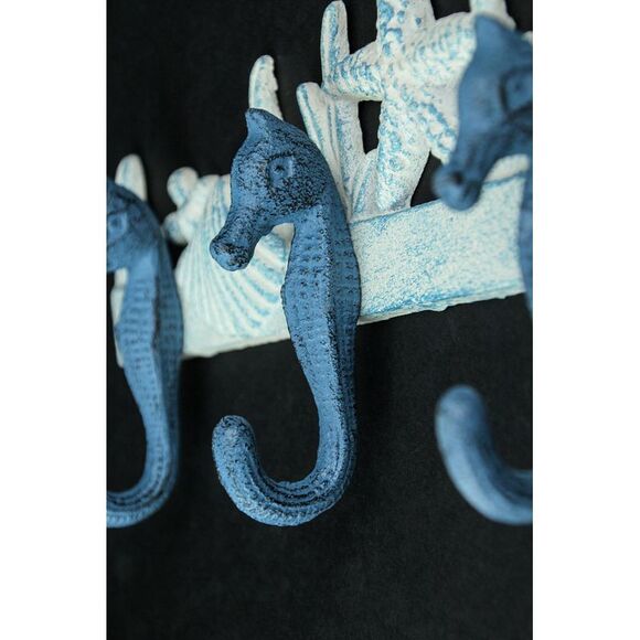 Blue/White Cast Iron Seahorses Decorative Wall Hook Hanging Towel or Coat Rack - Picture 4 of 6
